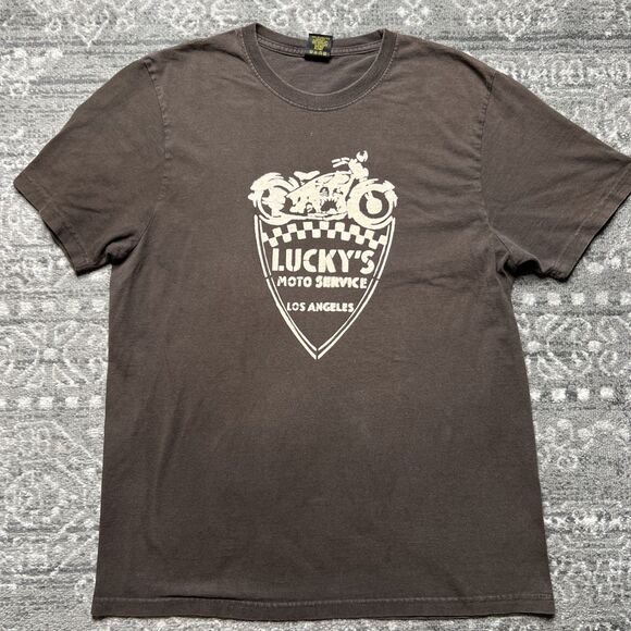 Vtg Lucky Brand T-Shirt Mens Large Motorcycle Graphic Tee Brown USA Cotton - Picture 1 of 7